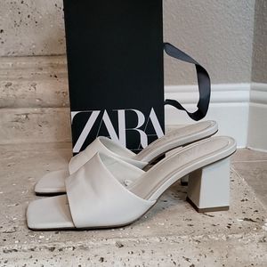 Zara Leather Thong Heel Square Toe Sandals 39